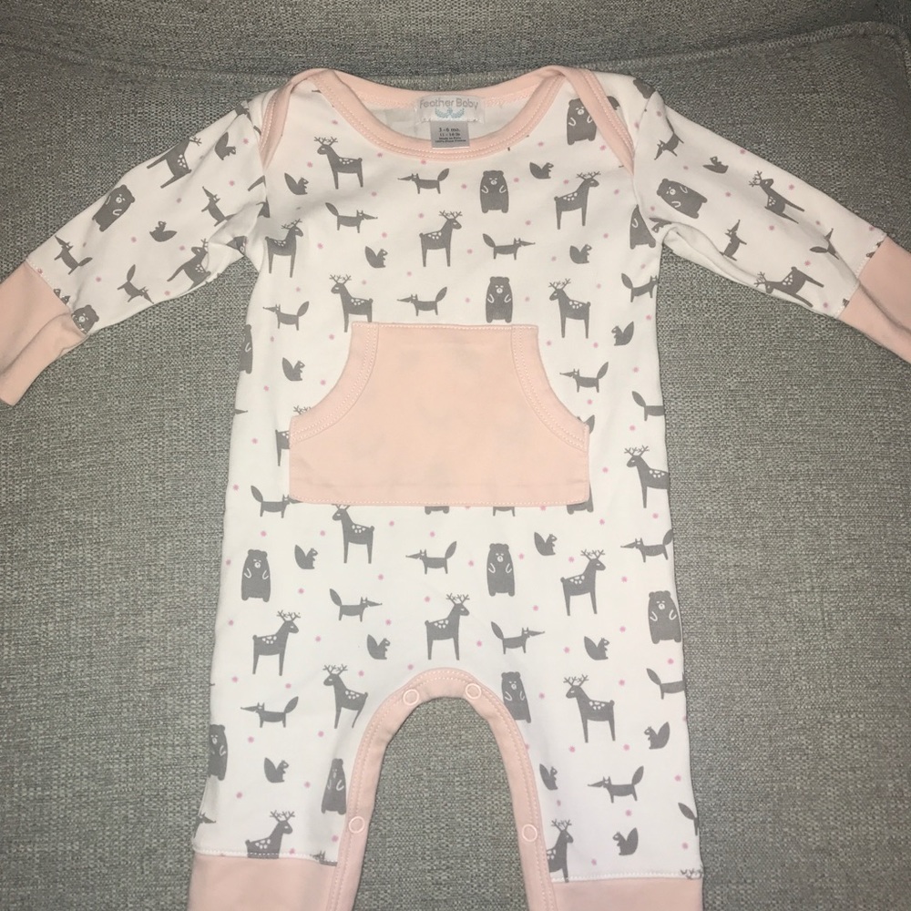 Feather Baby 3-6 month woodland creatures romper.